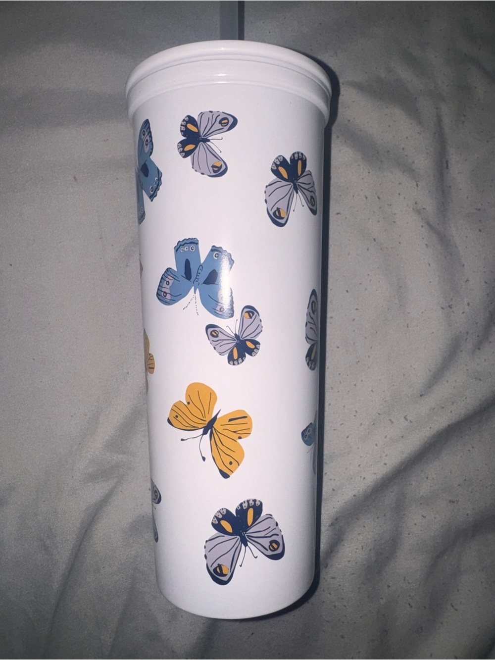Room Essentials White Tumbler with Blue and Yellow Butterfly Print